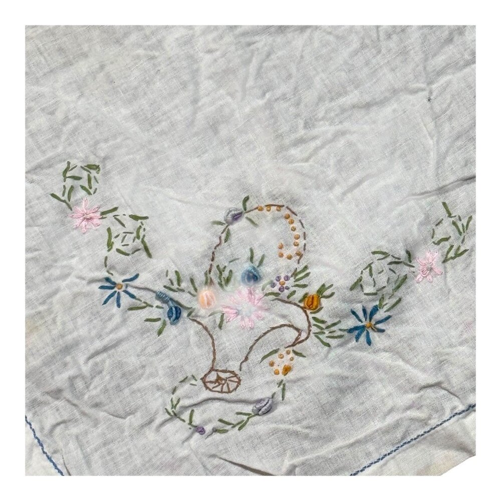 Vintage Hand-Embroidered Linen Tablecloth Tea Table Side Small 29" X 28.5" READ